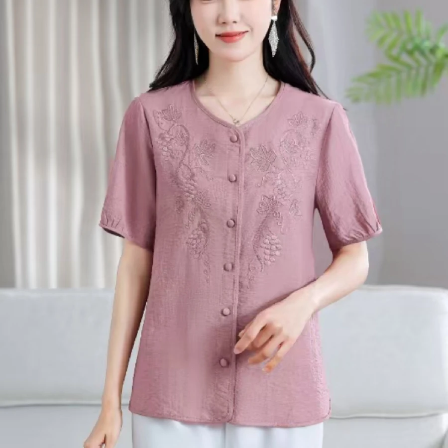 2025新款大码妈妈装短袖宽松绣花气质时尚减龄洋气衬衫夏季中老年