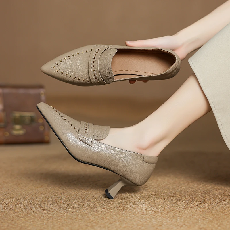 5CM，羊皮尖头细跟高跟鞋深口中跟法通勤穿搭春季细跟尖头裸色单鞋