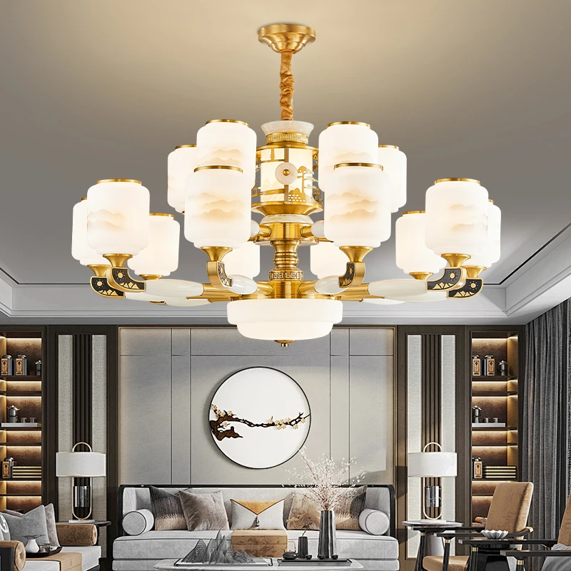 铜玉石挑空吊灯轻奢客厅灯新中式酒店国风家用简约大气别墅餐厅