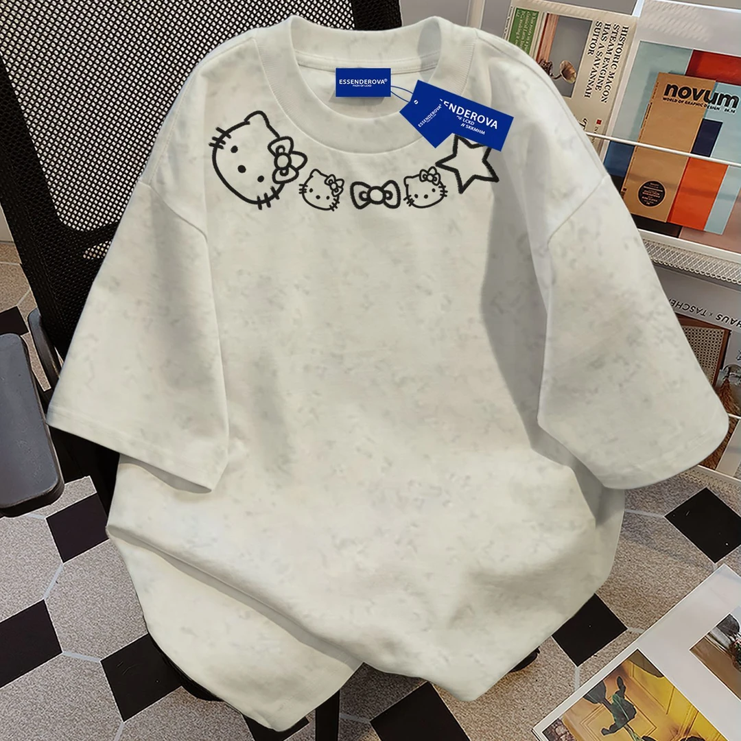 100%纯棉卡通哈喽Kitty字母扎染短袖t恤男女夏季爆款圆领情侣上衣