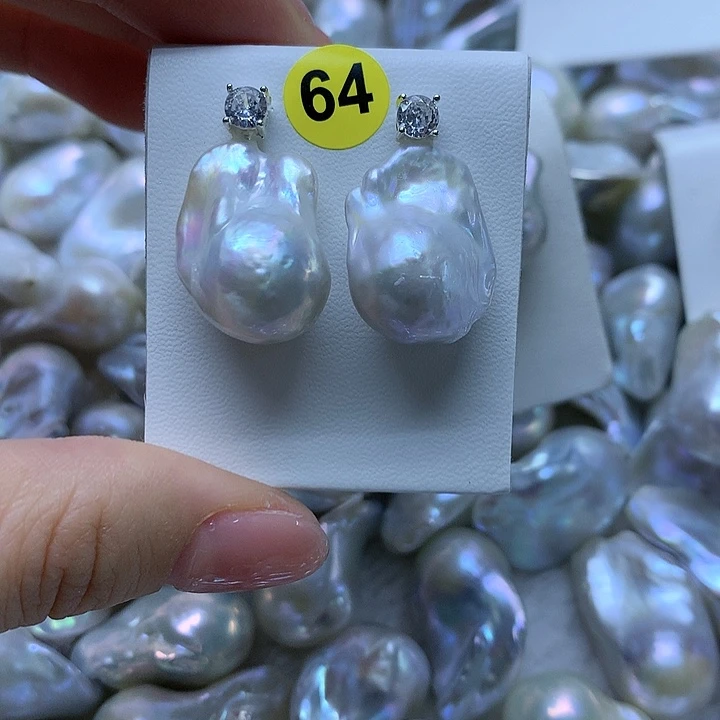 淡水珍珠耳饰银S925镶嵌浅**青