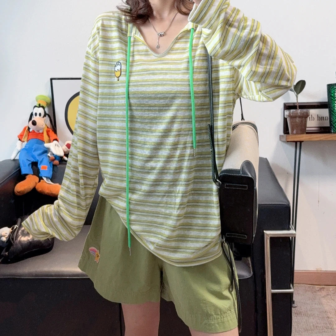 2025夏季新款薄款黄绿条纹U型领长袖防晒T恤女透气柔软亲肤显瘦