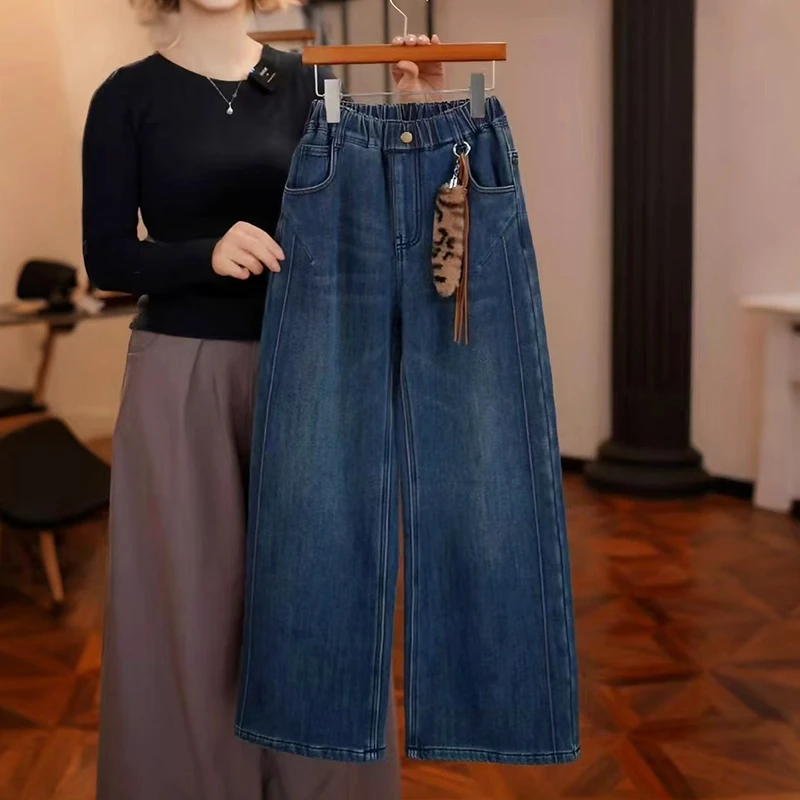 女童加绒牛仔裤秋冬2025新款潮儿童休闲裤子韩版中大童直筒裤洋气