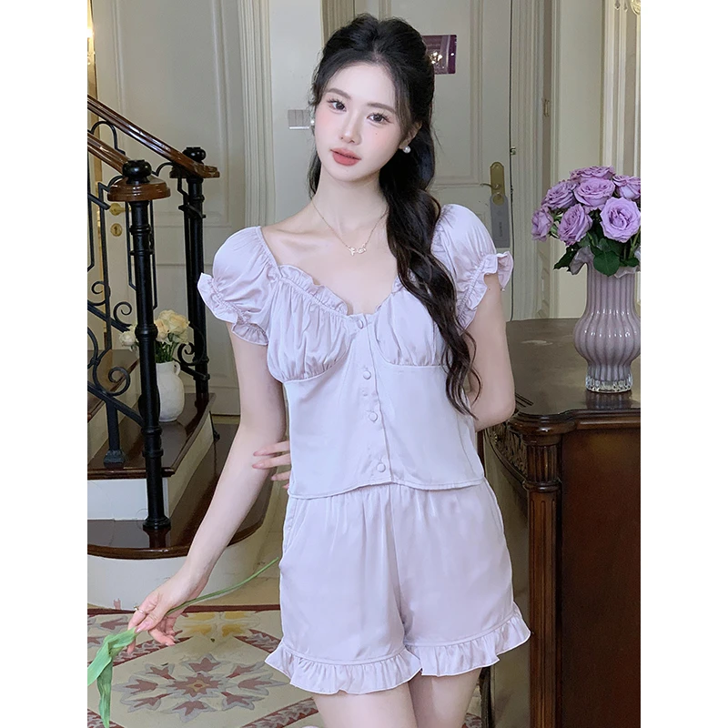 【白玫瑰短套装】夏季冰丝短袖睡衣套装女带胸垫家居服套装