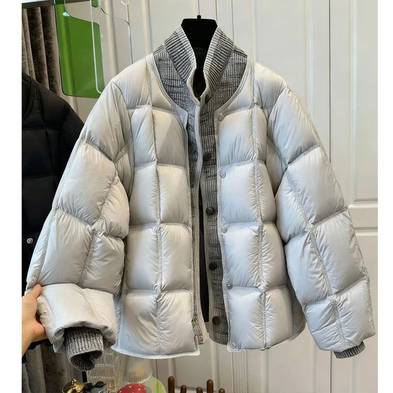 针织拼接假两件立领单排扣棉服女欧洲站2026秋冬新款保暖免疫外套