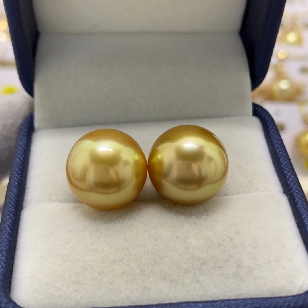 海水珍珠裸珠14mm南洋金珠对珠