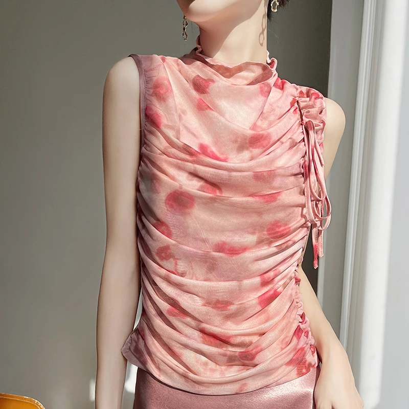 夏季气质优雅百搭网纱半高领拿褶无袖小衫