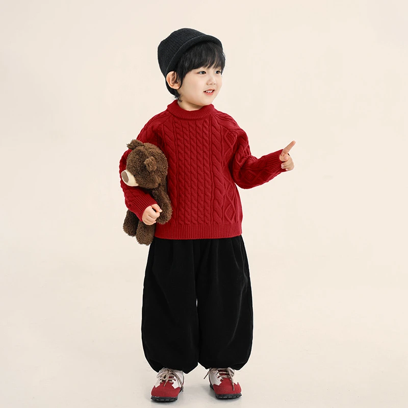 男童毛衣冬季儿童加厚喜庆洋气圆领红色毛线衣中小童过年拜年服