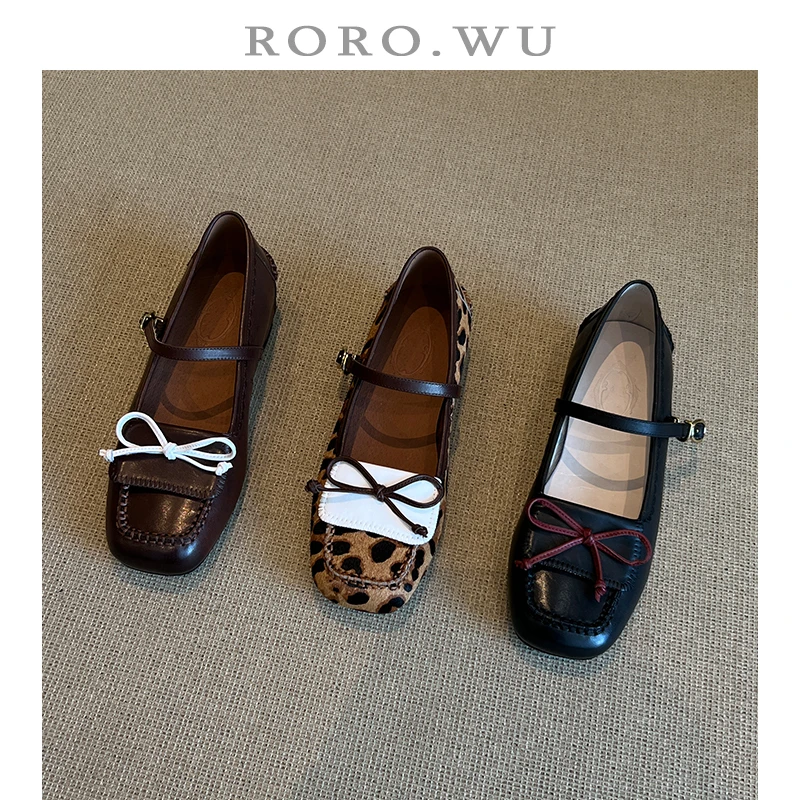 娆娆吴·牛皮减龄甜美蝴蝶结浅口一字扣个性百搭气质单鞋女鞋A37