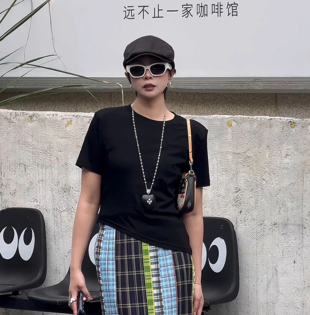 LYXZ圆领垫肩不规则下摆短袖夏季女士潮流高街半袖上衣t恤78184