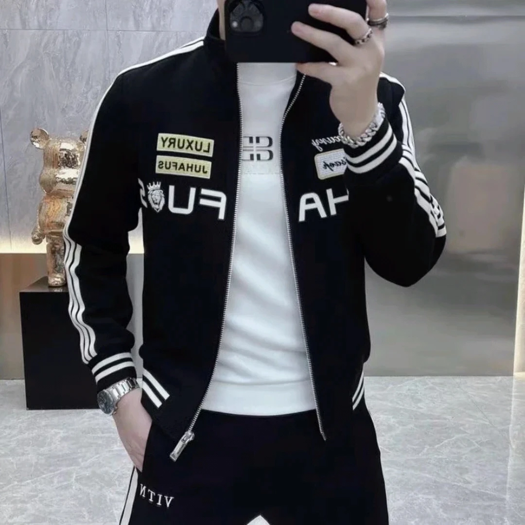 欧货秋冬新款男士休闲时尚立领刺绣夹克潮流修身帅气百搭加厚外套