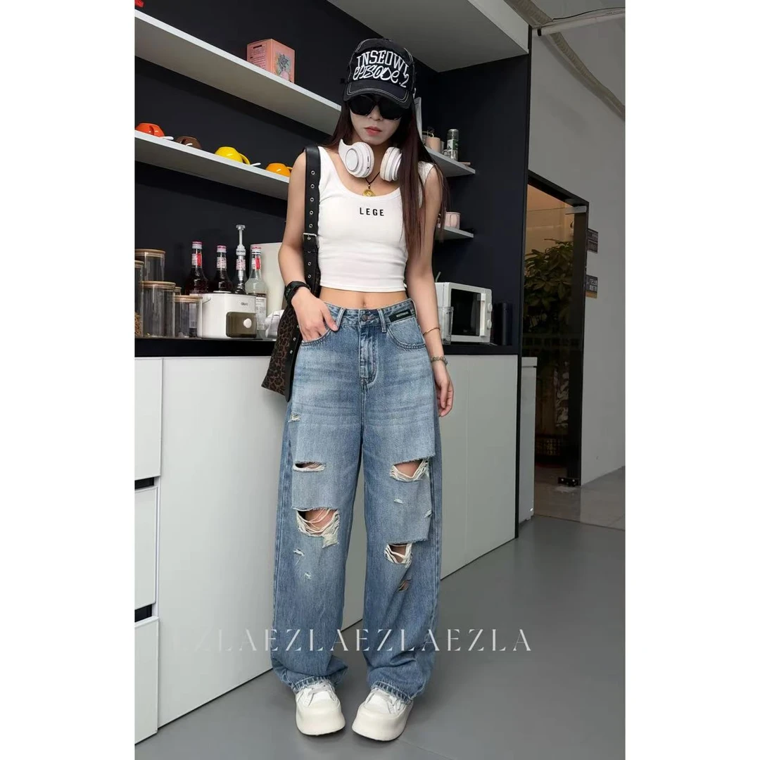 KANI EZ8966-夏季新款破洞牛仔美式复古蓝色设计感牛仔阔腿弯刀裤