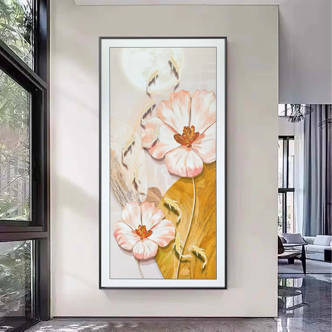 D11九鱼荷花画皮革微雕手工鎏金肌理玄关客厅过道走廊挂画80*160