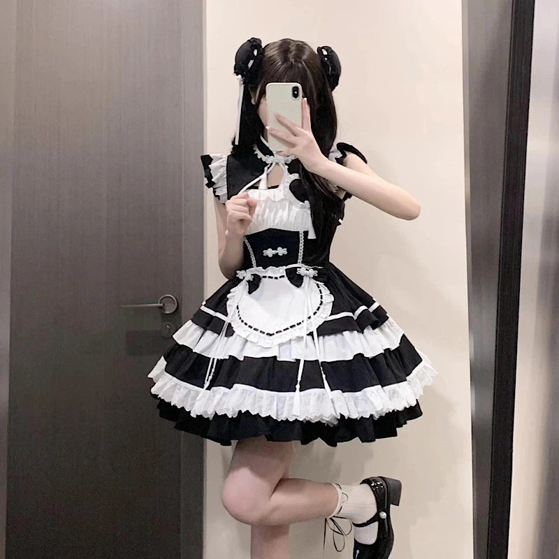 一只女仆中华风少女显瘦短裙无袖日常新中式lolita连衣裙cosplay