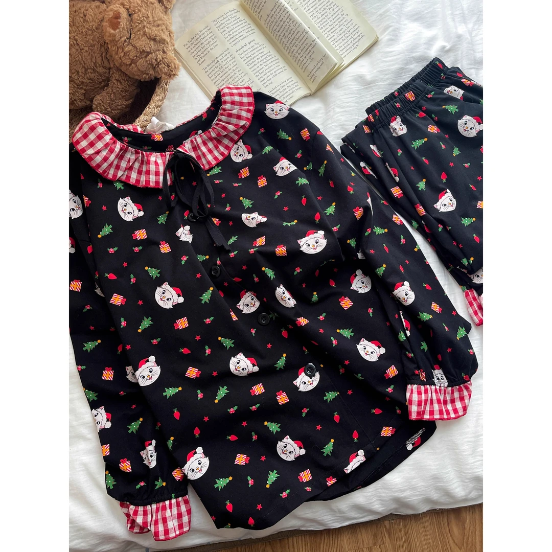 甜美玛丽猫慵懒风睡衣女春秋2025新款格纹拼接开衫少女家居服套装