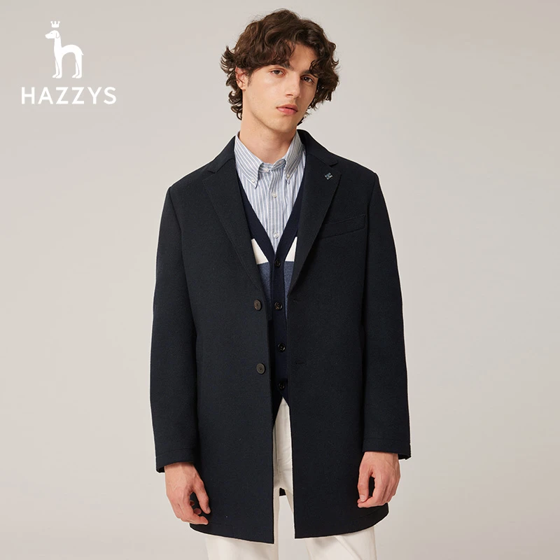 HAZZYS哈吉斯男士冬季毛呢外套中短款时尚商务休闲保暖羊毛大衣