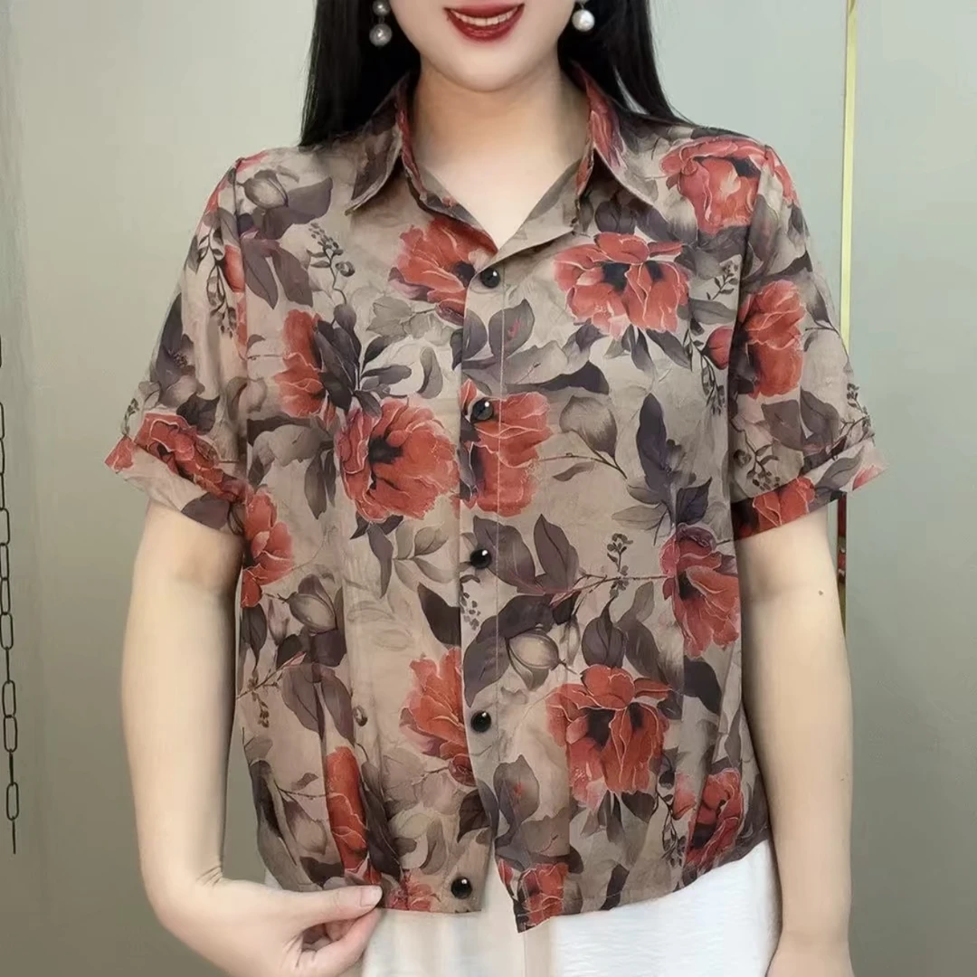 高档气质减龄印花大花妈妈装2025夏季新款翻领百搭宽松显瘦衬衫女