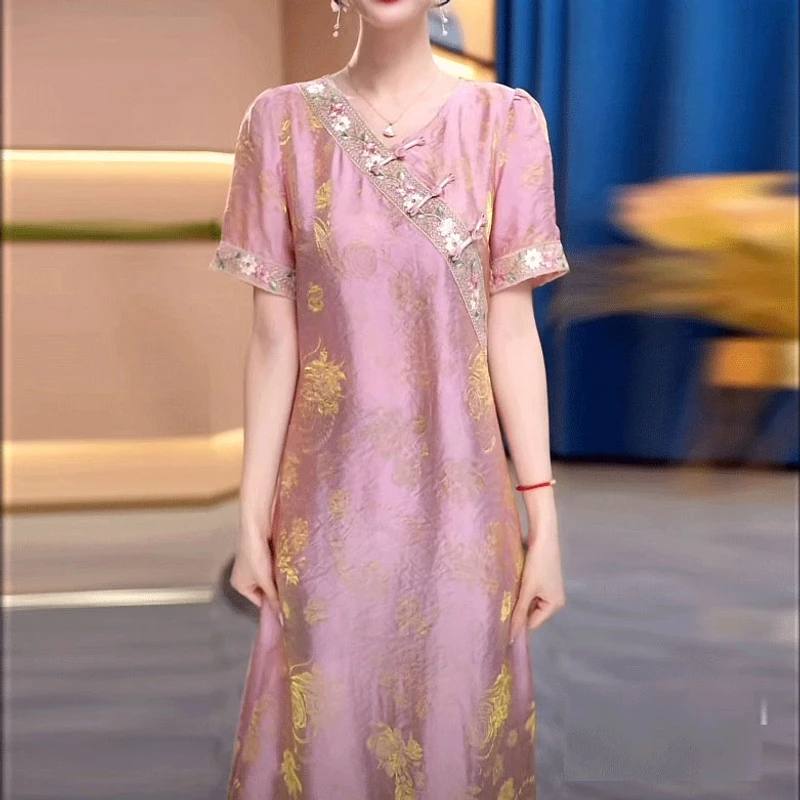 2025新中式改良中式斜襟春夏季女装宽松短袖连衣裙