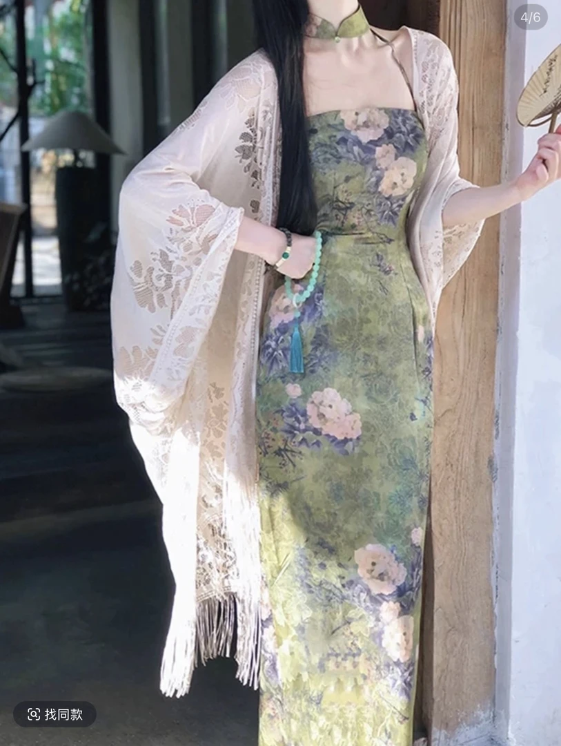 中式长款新款蕾丝镂空披肩春夏旗袍围巾开衫气质薄款防晒流苏古风