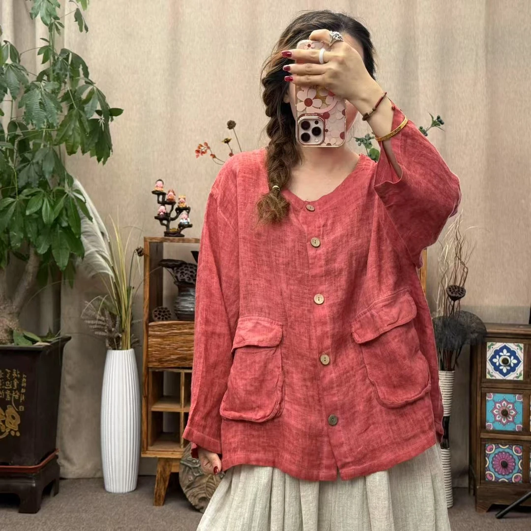 花璟与麻原创炒色做旧立领大口袋小衫外套（衣长64胸围126）