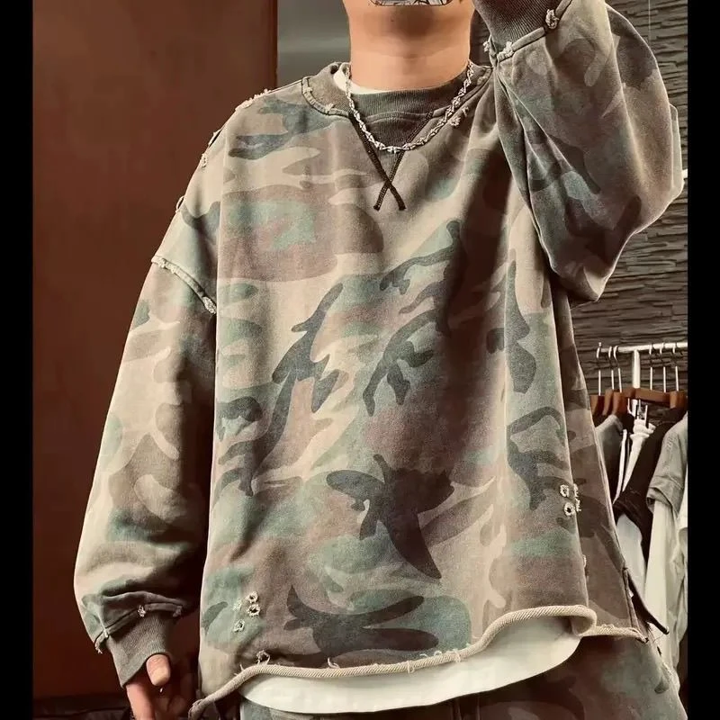 加大码300斤潮流做旧水洗破洞迷彩卫衣男女秋冬美式复古圆领上衣2