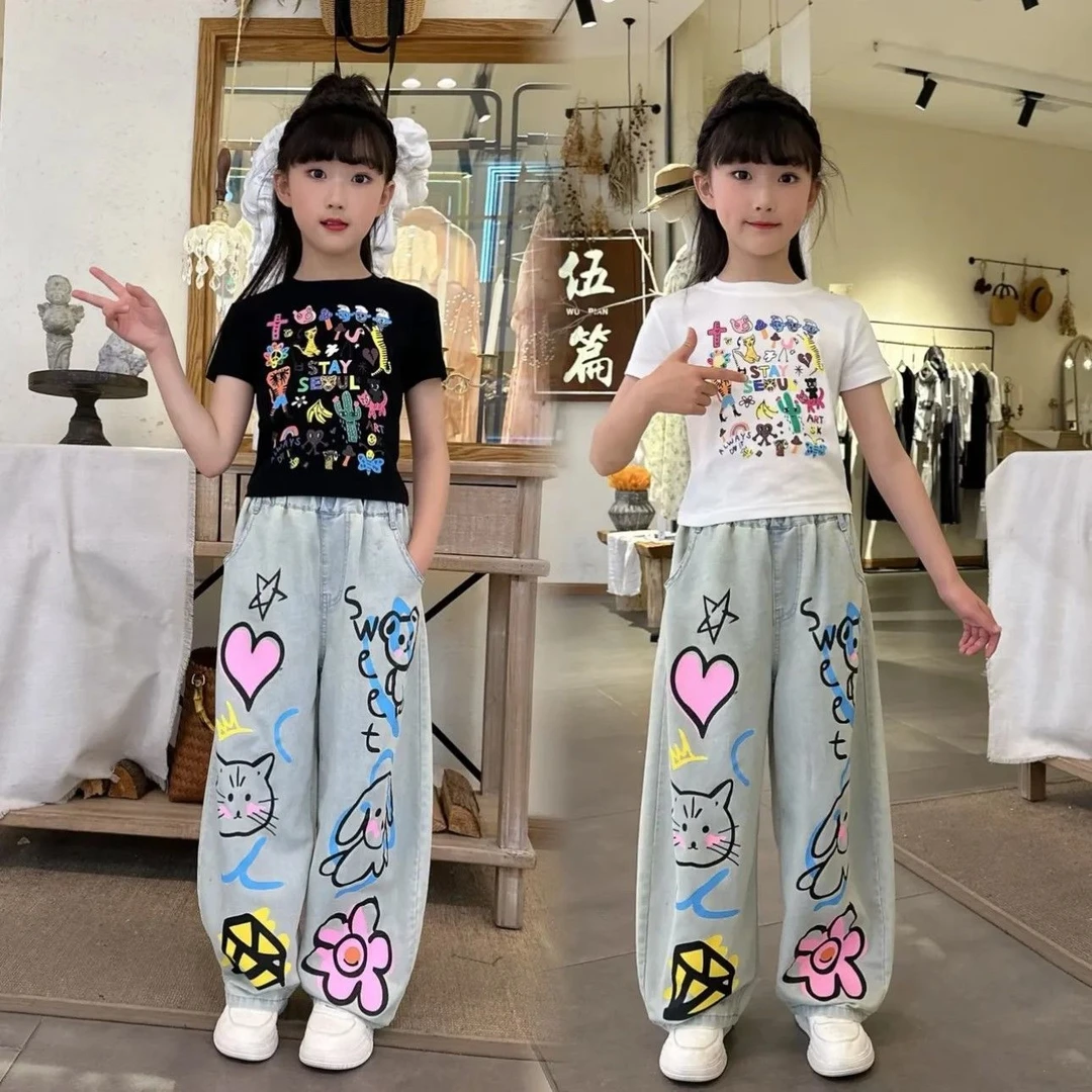 女童夏季套装2025新款洋气儿童时髦炸街短袖儿童卡通牛仔裤两件套