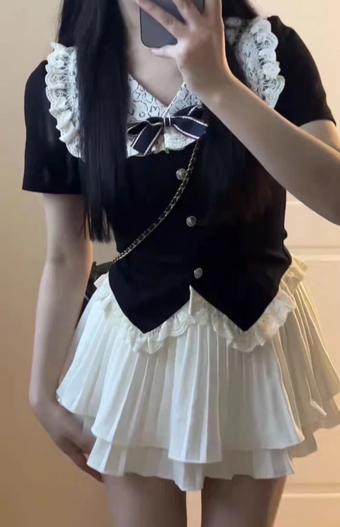 运补}现货2025新款纯欲娃娃领蕾丝拼接上衣减龄蛋糕裙学院风套装