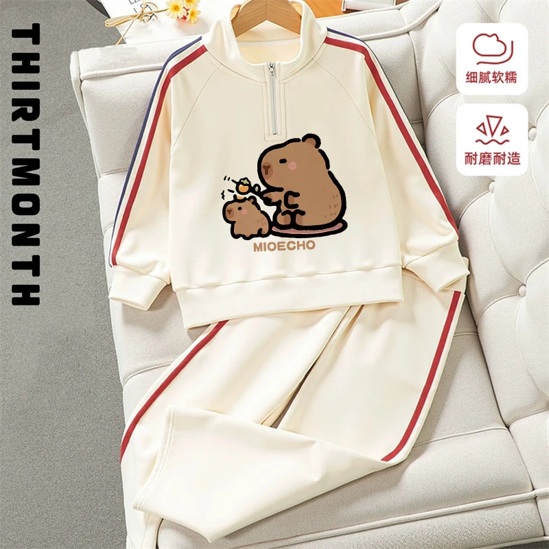秋季新款套装男女童半拉链卫衣长裤可爱卡通多款印花中大童两件套