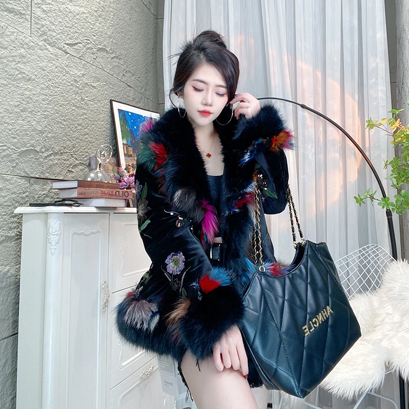 冬季时尚穿搭保暖亮片皮草大衣休闲外套女P0228黑色