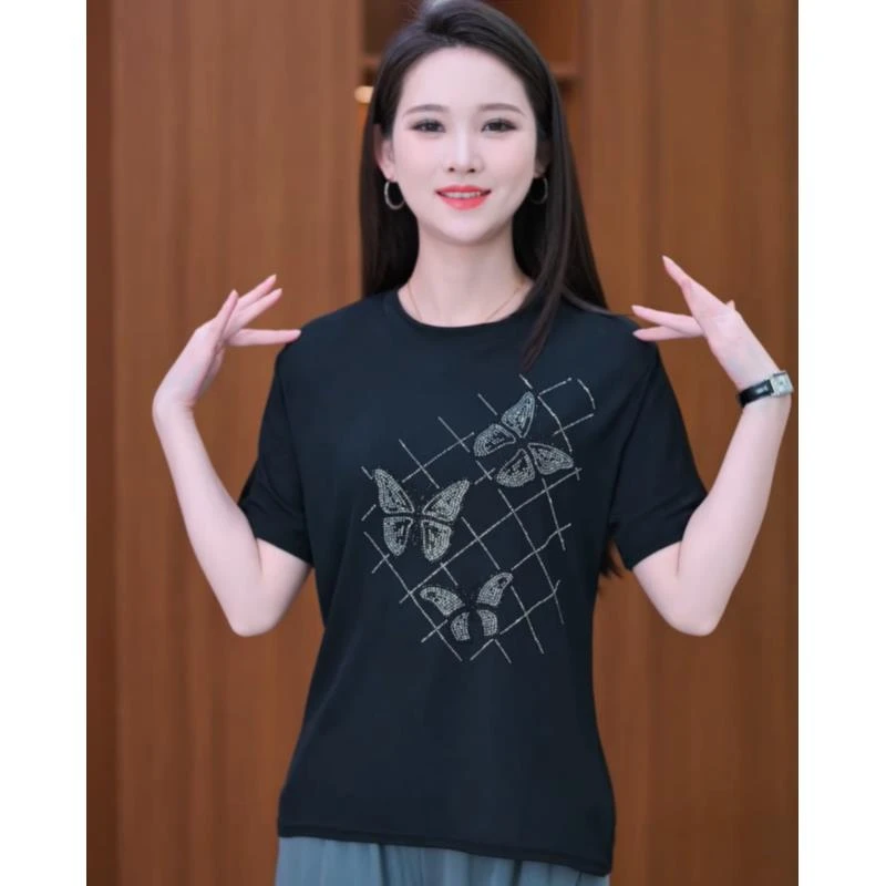 烫钻短袖t恤女夏季新款中年妈妈装重工宽松黑色圆领