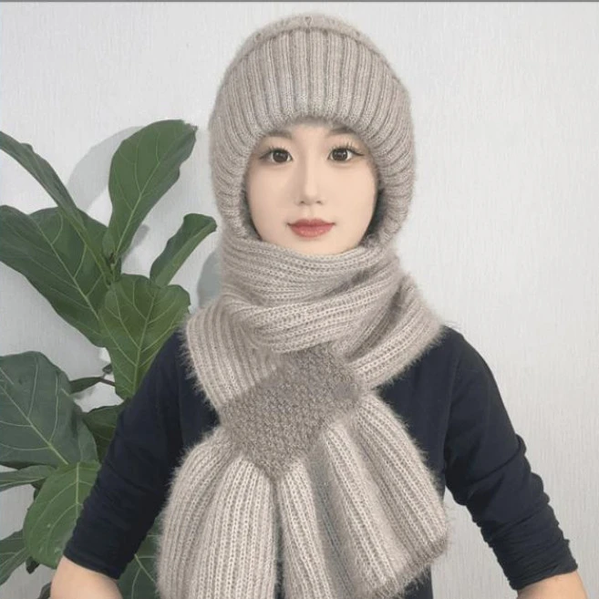 新款秋冬加绒加厚编织风雪帽时尚百搭女士冬天护耳朵帽子围巾一体