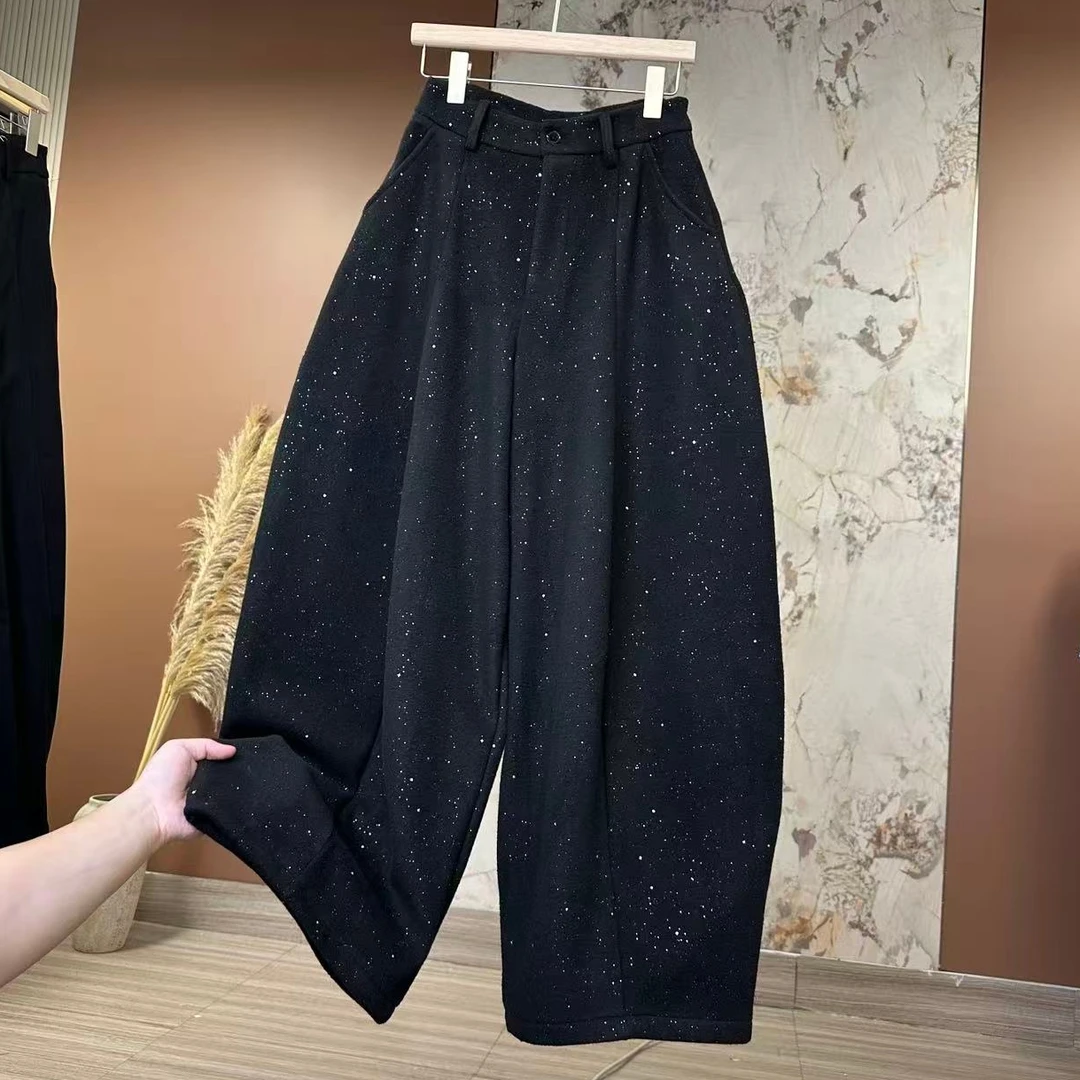 【满天星云朵绒】冬季呢子阔腿直筒裤女宽松显瘦百搭保暖拖地弯刀裤