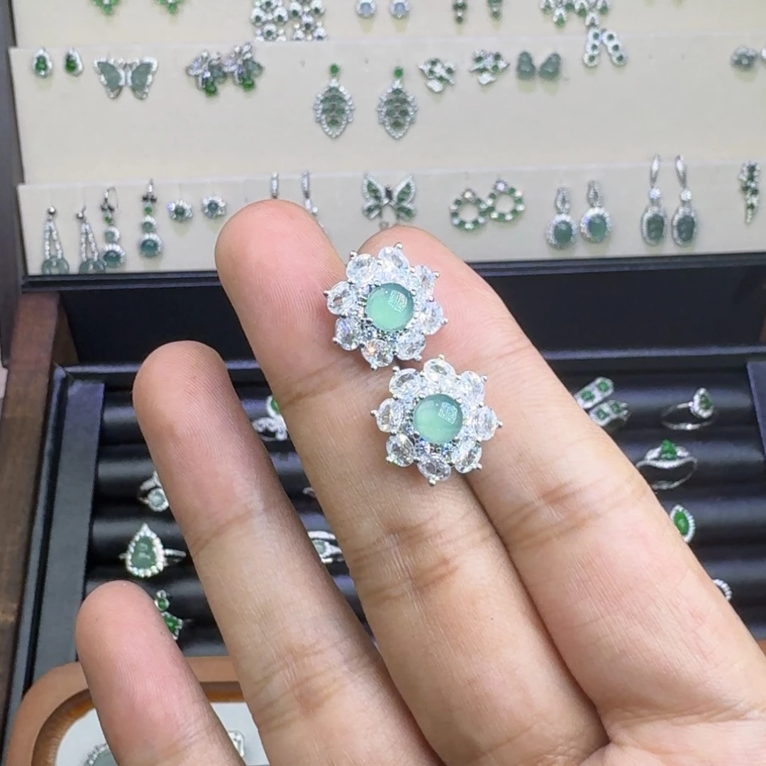 翡翠银S925镶嵌耳饰741