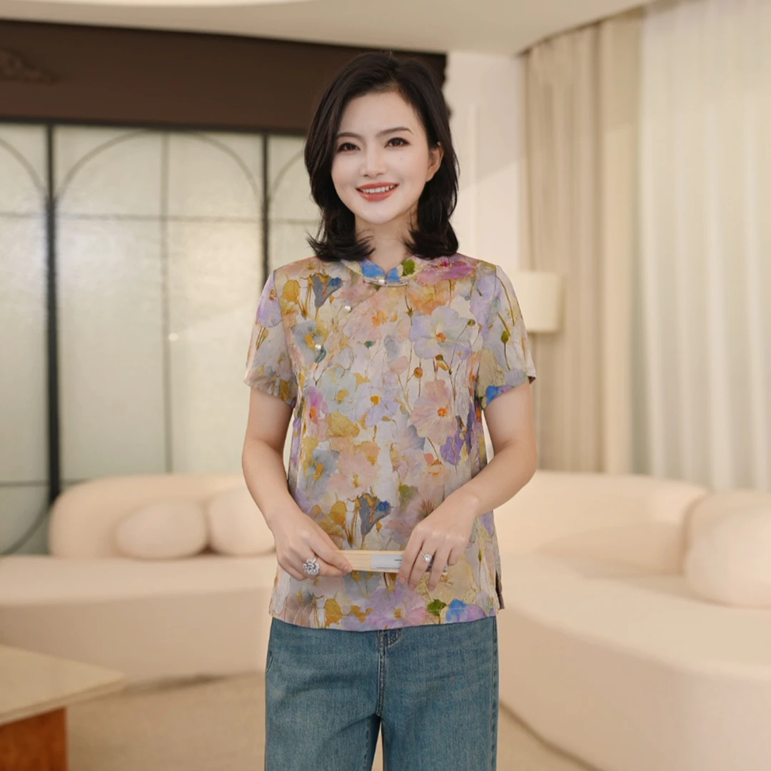 枫竺阿楠anan新中式国风立领斜襟珍珠扣印花短袖衬衫女夏气质上衣