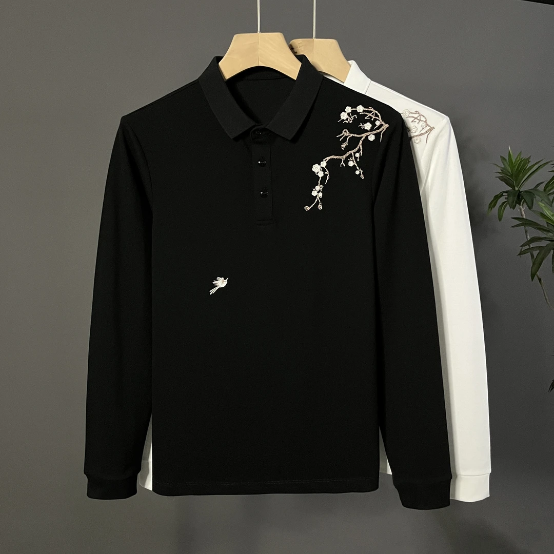 秋季男士梅花刺绣Polo衫长袖翻领时尚休闲修身百搭打袖打底T恤