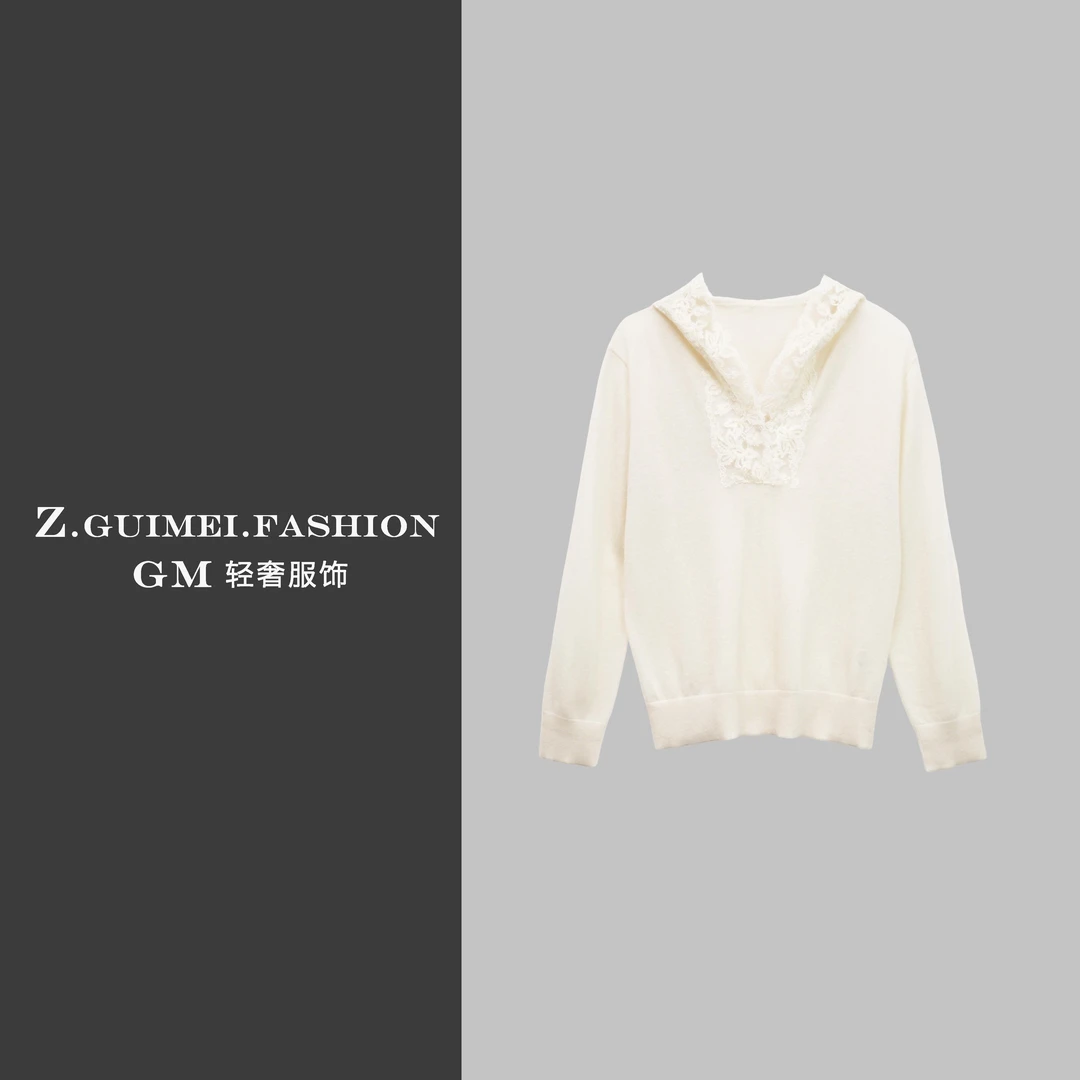 【肆姐高定】时尚V领蕾丝带帽羊绒衫X3135