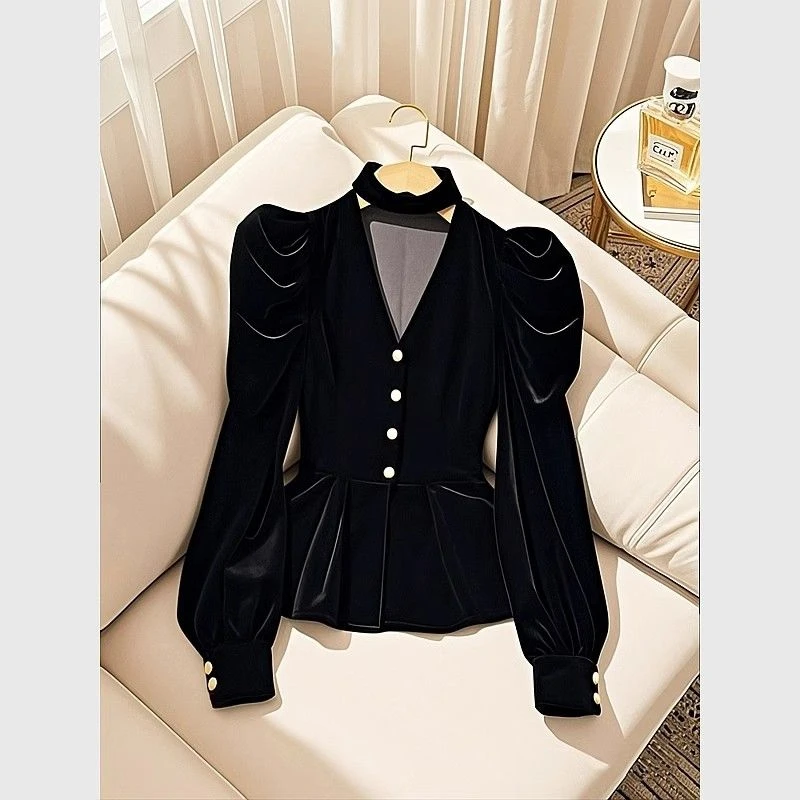 小香风黑色丝绒长袖衬衫女款2025早春新款挂脖法式独特漂亮上衣