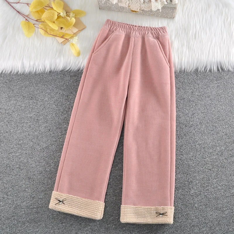 女童加绒阔腿裤冬款加绒加厚一体绒休闲裤保暖中大儿童裤子羊羔绒