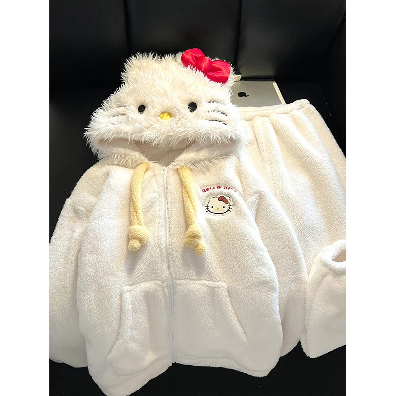 可爱Kitty连帽珊瑚绒睡衣女冬季甜美少女保暖加绒加厚家居服套装
