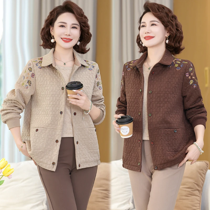气质妈妈春装绣花外套洋气中年女翻领上衣中老年短款宽松夹克