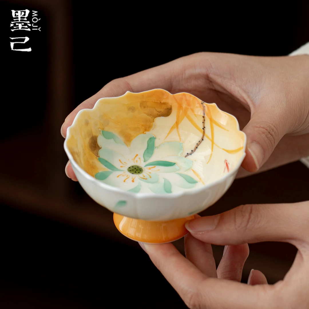 墨己油画风青荷鎏梦陶瓷高足花口主人杯功夫茶具家用茶杯品茗杯