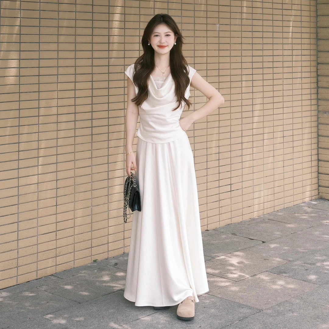 法式气质连衣裙女夏季2025新款独特漂亮荡领露肩上衣半身裙子套装