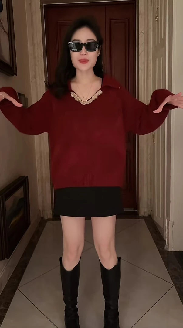 Miss Huo 翻领毛衫 A 红色 6952