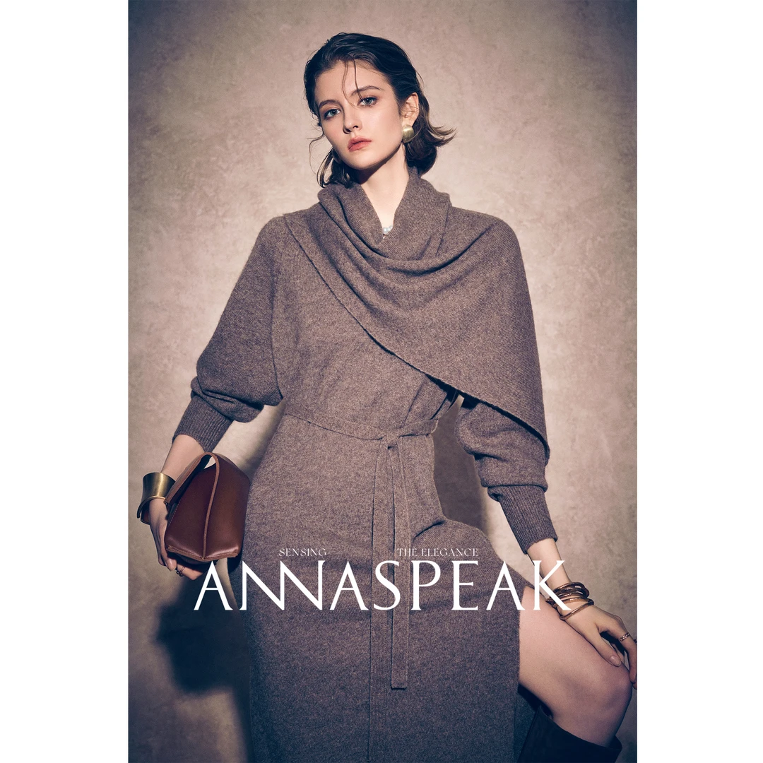 ANNASPEAK ROW风 牦牛绒巴素兰羊毛针织V领长款连衣裙/披肩
