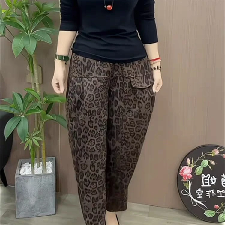 豹纹休闲哈伦宽松九分裤休闲风高腰