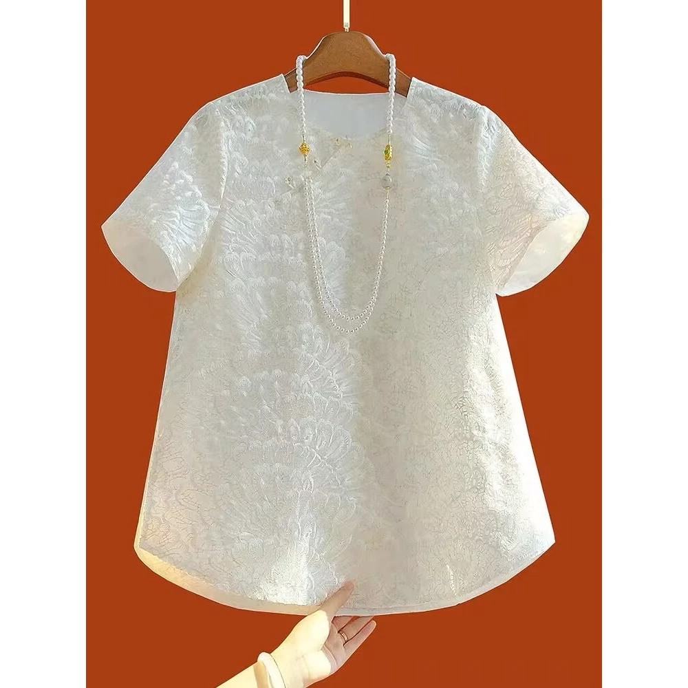 新中式复古盘扣提花圆领T恤女夏季新款气质显瘦洋气百搭设计上衣