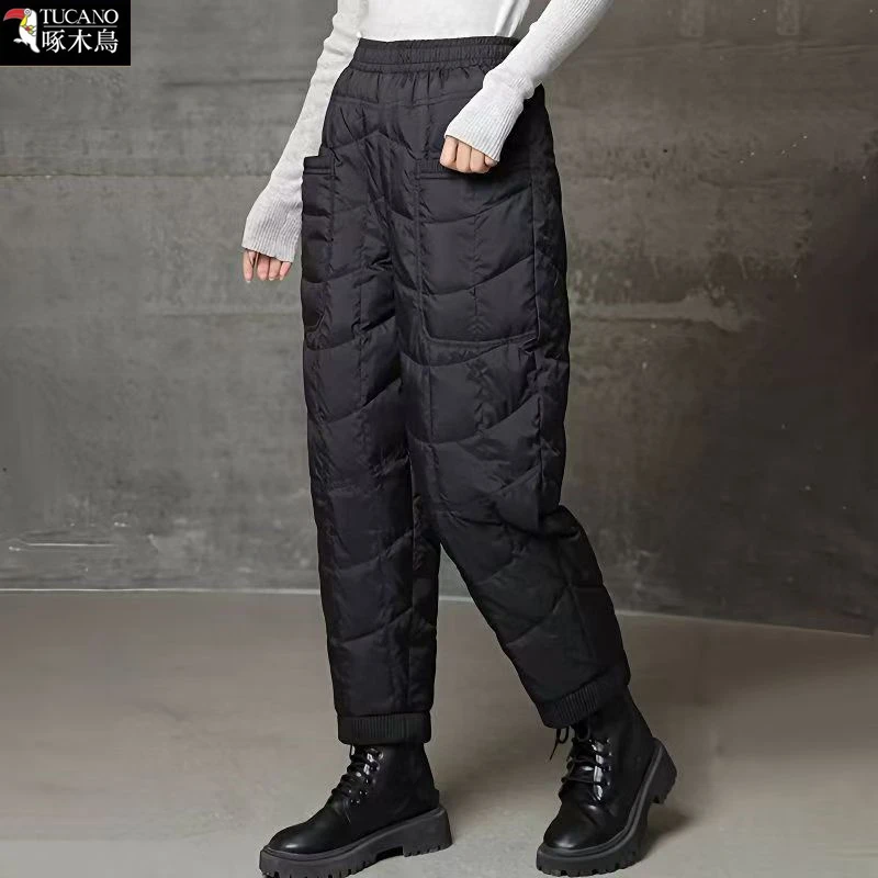啄木鸟正品2025秋冬季厚款保暖束脚裤女高腰棉裤外穿百搭休闲裤子