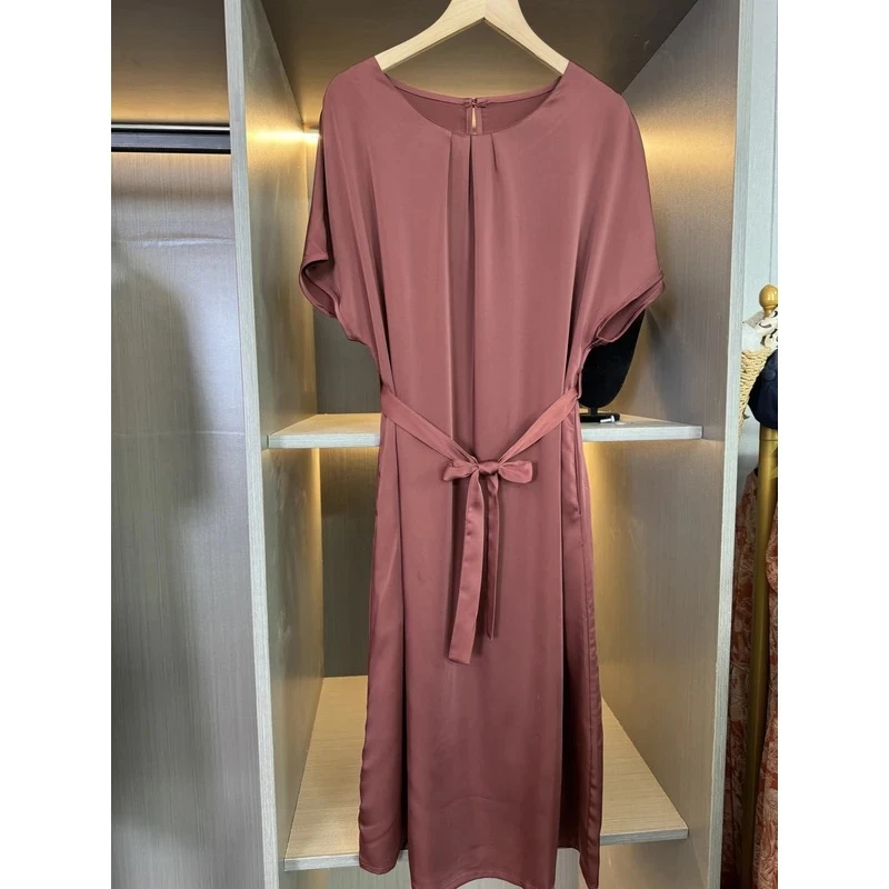 【玉如意】 豆沙红短袖 时尚休闲法式收腰女装系带气质百搭连衣裙