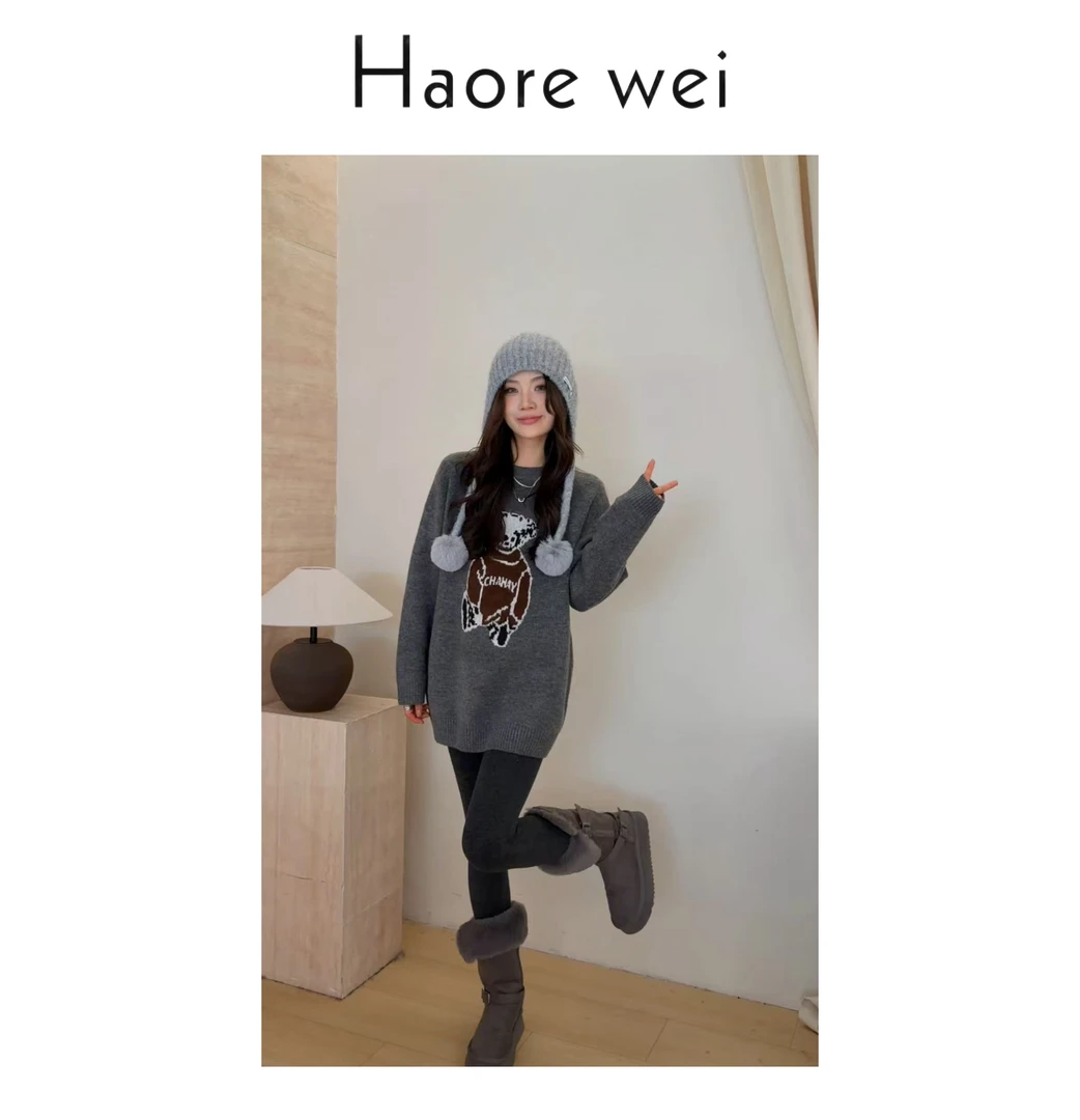 Haore Wei（小熊卡通）超好看卡通小熊提花圆领套头毛衣女针织衫