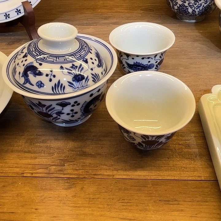 .***.青花手工鱼藻纹3件套茶具